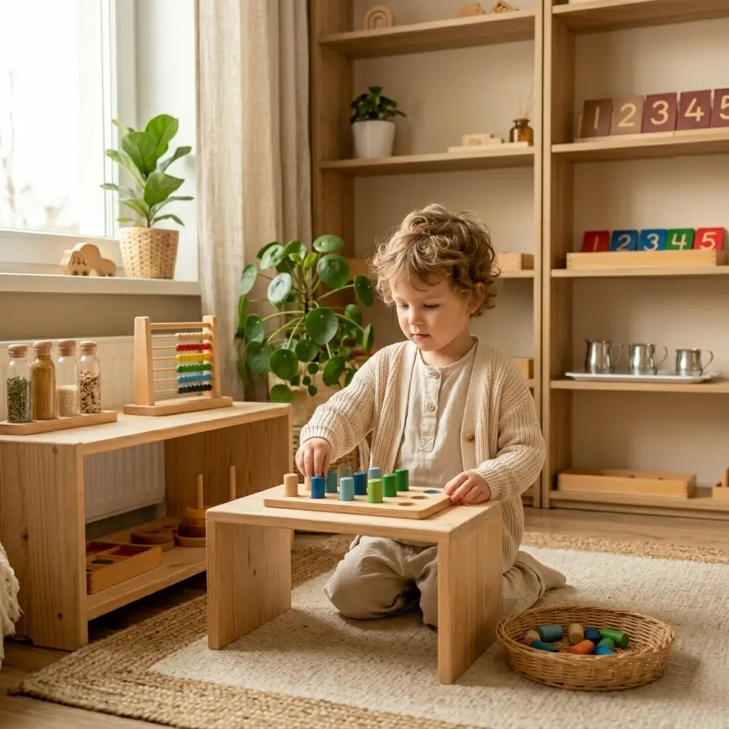 child using wooden montessori colour sorting toy in natural playroom early learning fine motor skills development