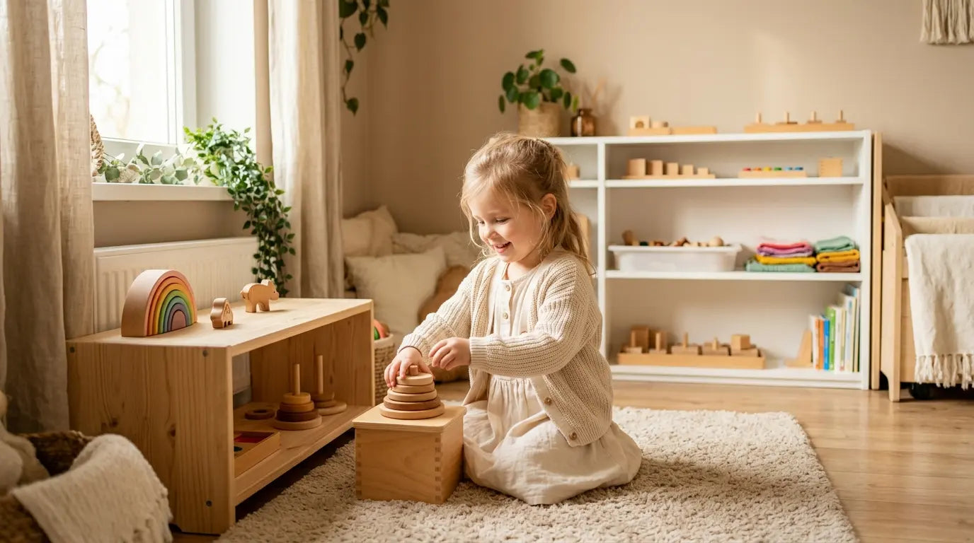 child playing with wooden montessori toys in natural kids bedroom minimalist decor and early learning environment